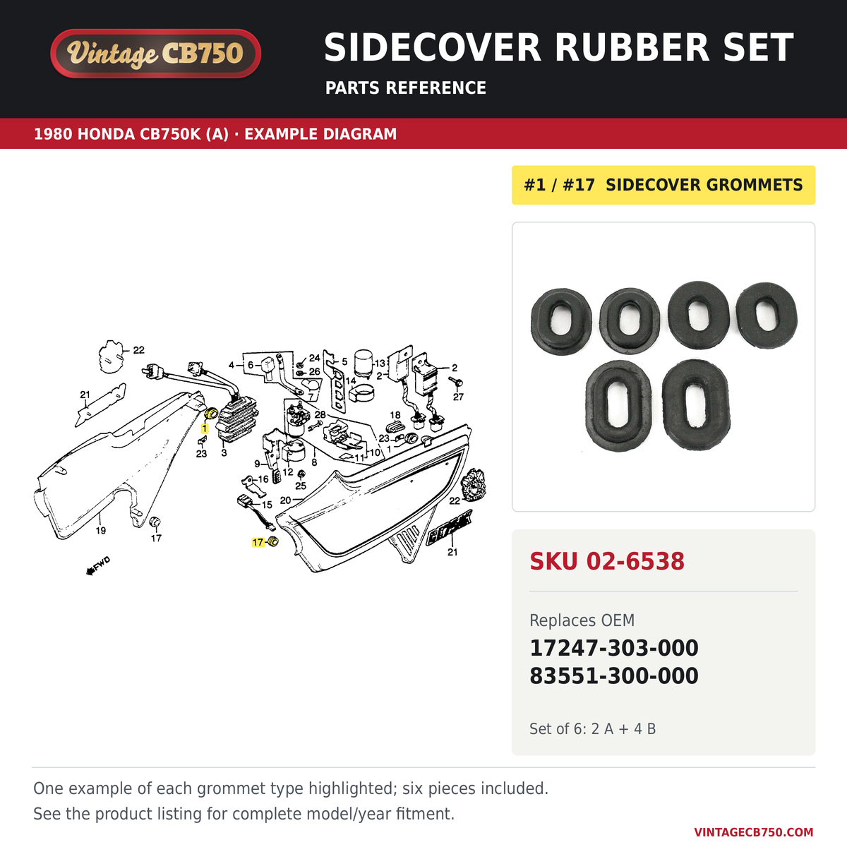 Sidecover rubber set, SKU 02-6538: product photo and 1980 Honda CB750K (A) Side Cover / Spark Unit fiche with the part location highlighted. Example diagram; check listing for fitment.