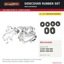 Load image into Gallery viewer, Sidecover rubber set, SKU 02-6538: product photo and 1980 Honda CB750K (A) Side Cover / Spark Unit fiche with the part location highlighted. Example diagram; check listing for fitment.
