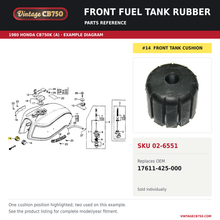Load image into Gallery viewer, Front fuel tank rubber, SKU 02-6551: product photo and 1980 Honda CB750K (A) Fuel Tank fiche with the part location highlighted. Example diagram; check listing for fitment.