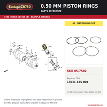Charger l'image dans la galerie, 0.50 mm piston rings, SKU 05-7502: product photo and 1980 Honda CB750K (A) Crankshaft / Piston fiche with the part location highlighted. Example diagram; check listing for fitment.