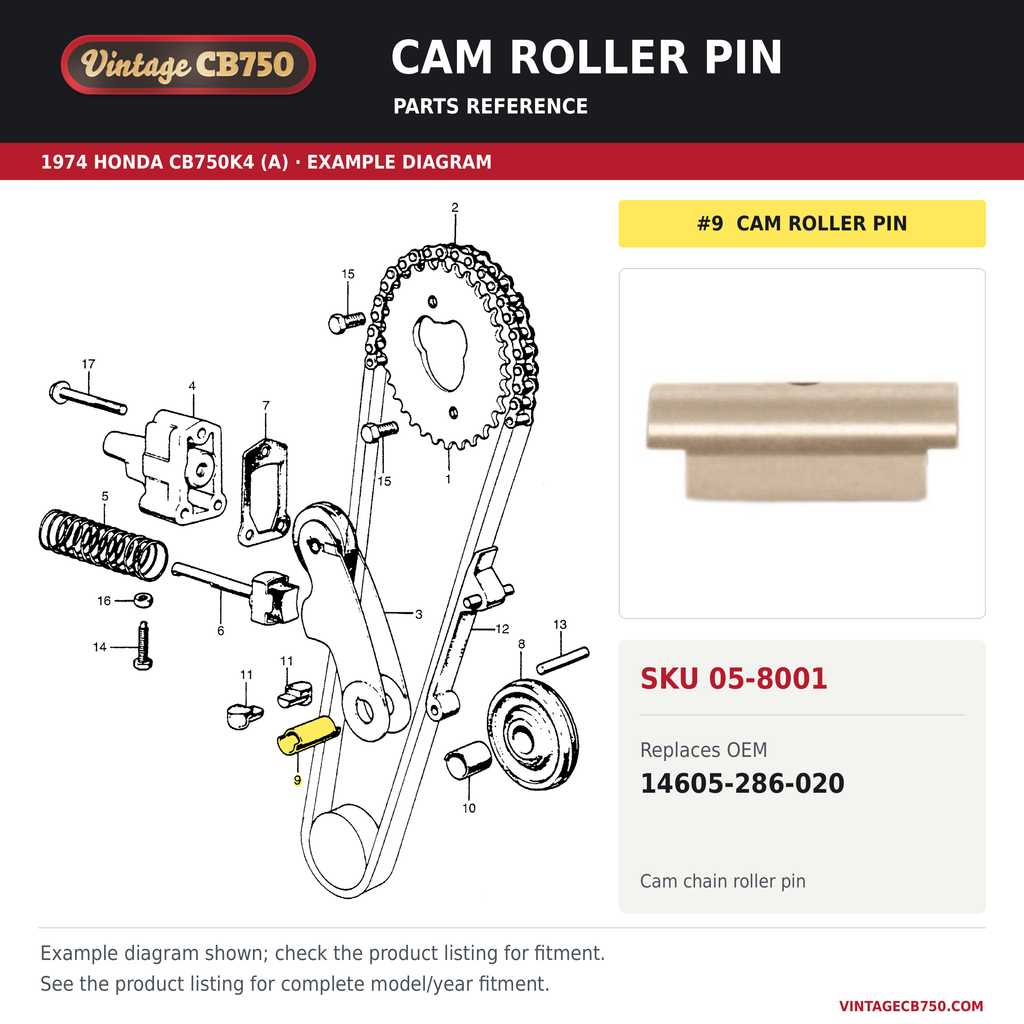 Cam roller pin, SKU 05-8001: product photo and 1974 Honda CB750K4 (A) Cam Chain / Tensioner fiche with the part location highlighted. Example diagram; check listing for fitment.