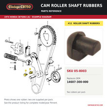 Charger l'image dans la galerie, Cam roller shaft rubbers, SKU 05-8003: product photo and 1974 Honda CB750K4 (A) Cam Chain / Tensioner fiche with the part location highlighted. Example diagram; check listing for fitment.