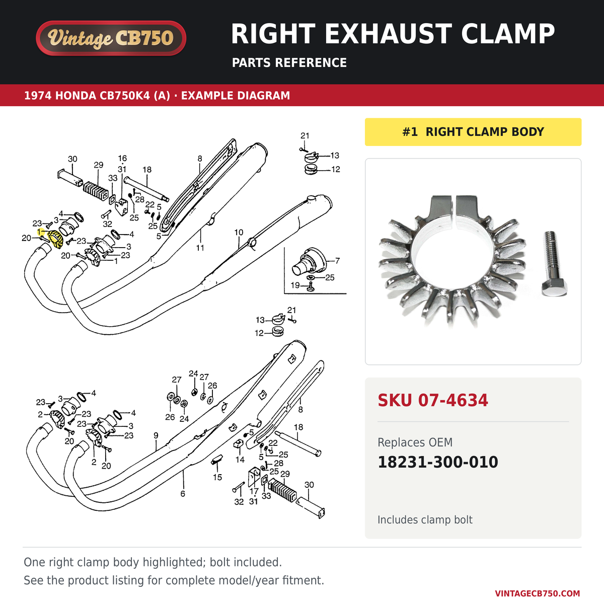 Right exhaust clamp, SKU 07-4634: product photo and 1974 Honda CB750K4 (A) Muffler / Exhaust fiche with the part location highlighted. Example diagram; check listing for fitment.