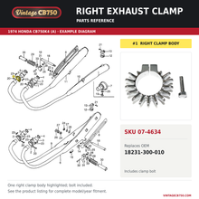 Load image into Gallery viewer, Right exhaust clamp, SKU 07-4634: product photo and 1974 Honda CB750K4 (A) Muffler / Exhaust fiche with the part location highlighted. Example diagram; check listing for fitment.