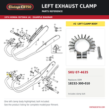 Load image into Gallery viewer, Left exhaust clamp, SKU 07-4635: product photo and 1974 Honda CB750K4 (A) Muffler / Exhaust fiche with the part location highlighted. Example diagram; check listing for fitment.