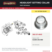 Load image into Gallery viewer, Headlight setting collar, SKU 07-4645: product photo and 1980 Honda CB750K (A) Headlight fiche with the part location highlighted. Example diagram; check listing for fitment.