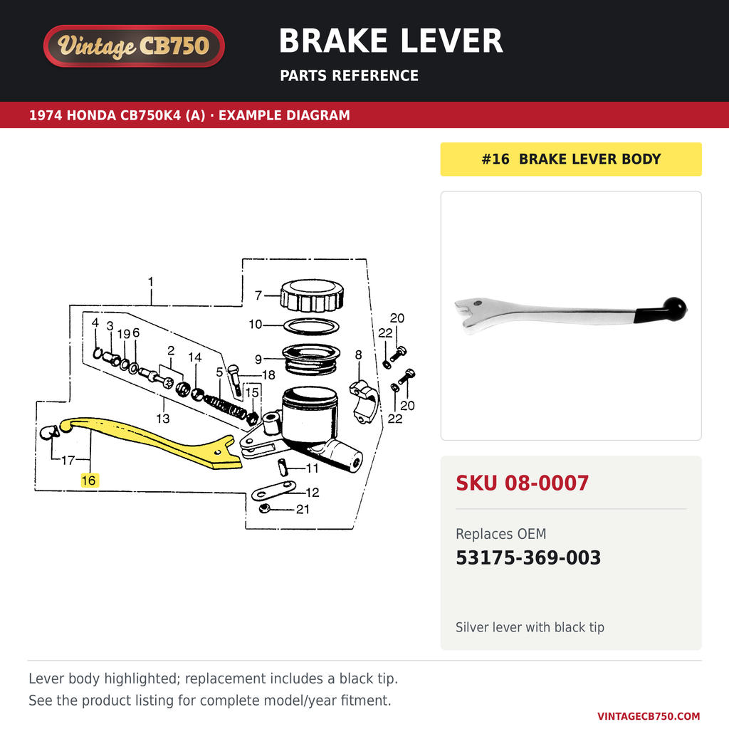 Brake lever, SKU 08-0007: product photo and 1974 Honda CB750K4 (A) Brake Master Cylinder fiche with the part location highlighted. Example diagram; check listing for fitment.