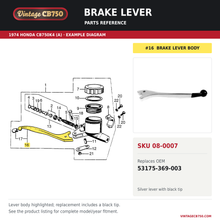 Charger l'image dans la galerie, Brake lever, SKU 08-0007: product photo and 1974 Honda CB750K4 (A) Brake Master Cylinder fiche with the part location highlighted. Example diagram; check listing for fitment.