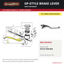 Load image into Gallery viewer, GP-style brake lever, SKU 08-0414: product photo and 1974 Honda CB750K4 (A) Brake Master Cylinder fiche with the part location highlighted. Example diagram; check listing for fitment.