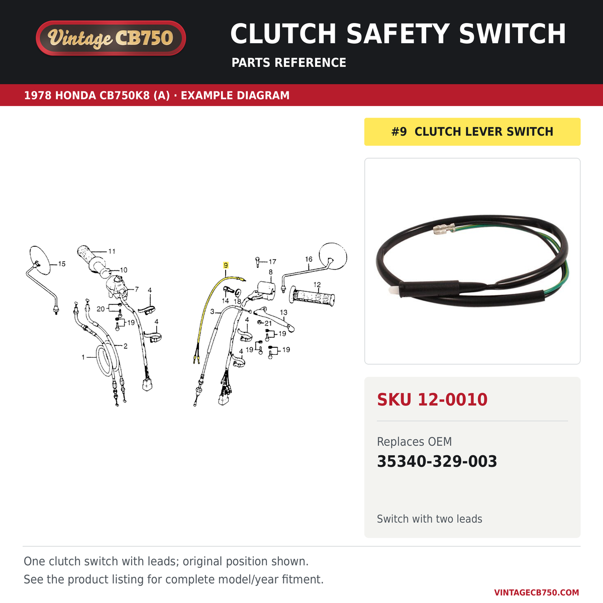 Clutch safety switch, SKU 12-0010: product photo and reviewed parts fiche. Example diagram; check listing for fitment.