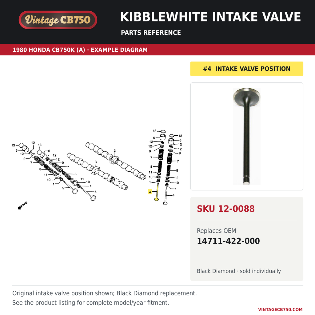 Kibblewhite intake valve, SKU 12-0088: product photo and 1980 Honda CB750K (A) Camshaft / Valve fiche with the part location highlighted. Example diagram; check listing for fitment.
