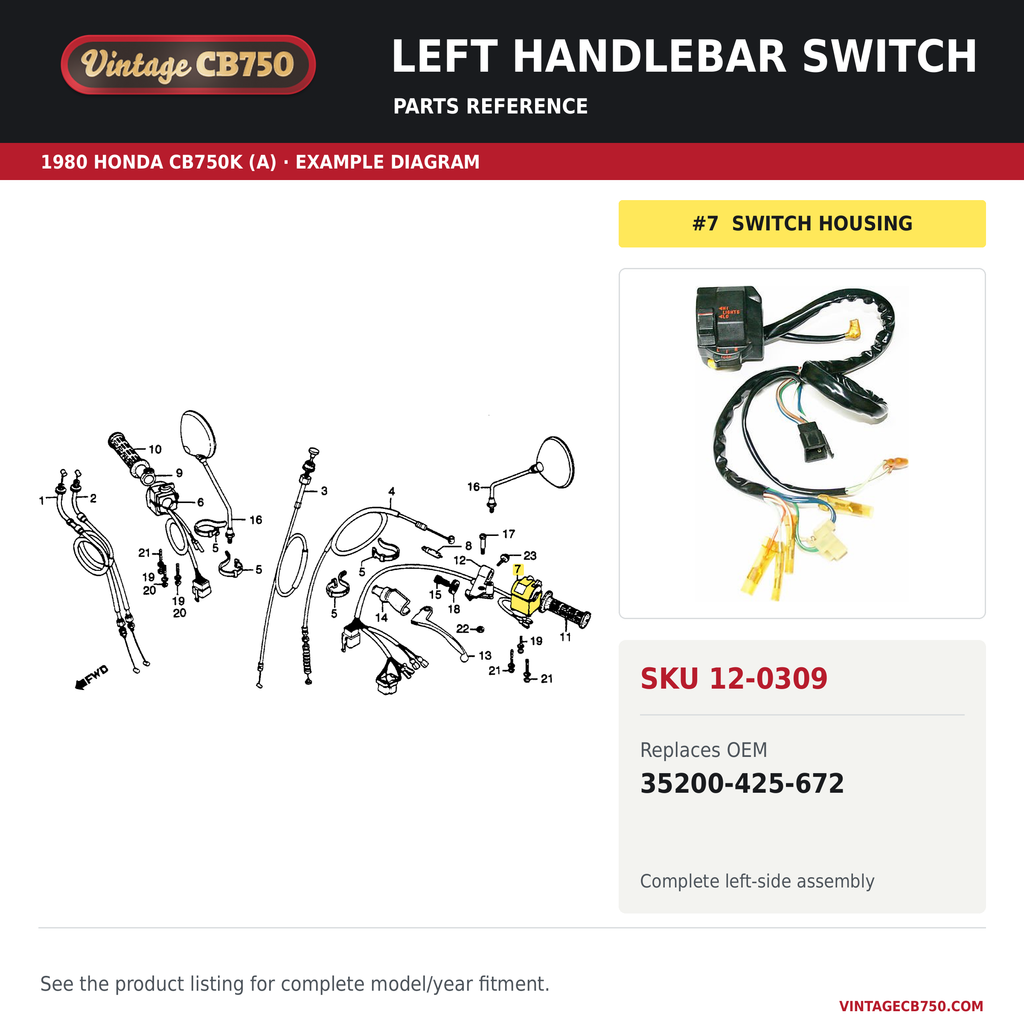 Honda CB900 / CB750 / CB650 Bar Switch Assembly ~ Left (Clutch) Side ~ Replaces 35200-460-671, SKU 12-0309: product photo and reviewed parts fiche. Example diagram; check listing for fitment.