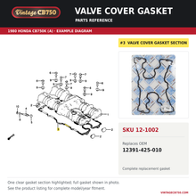 Charger l'image dans la galerie, Valve cover gasket, SKU 12-1002: product photo and 1980 Honda CB750K (A) Cylinder Head Cover fiche with the part location highlighted. Example diagram; check listing for fitment.