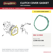 Charger l'image dans la galerie, Clutch cover gasket, SKU 12-5042: product photo and 1980 Honda CB750K (A) Clutch Cover fiche with the part location highlighted. Example diagram; check listing for fitment.