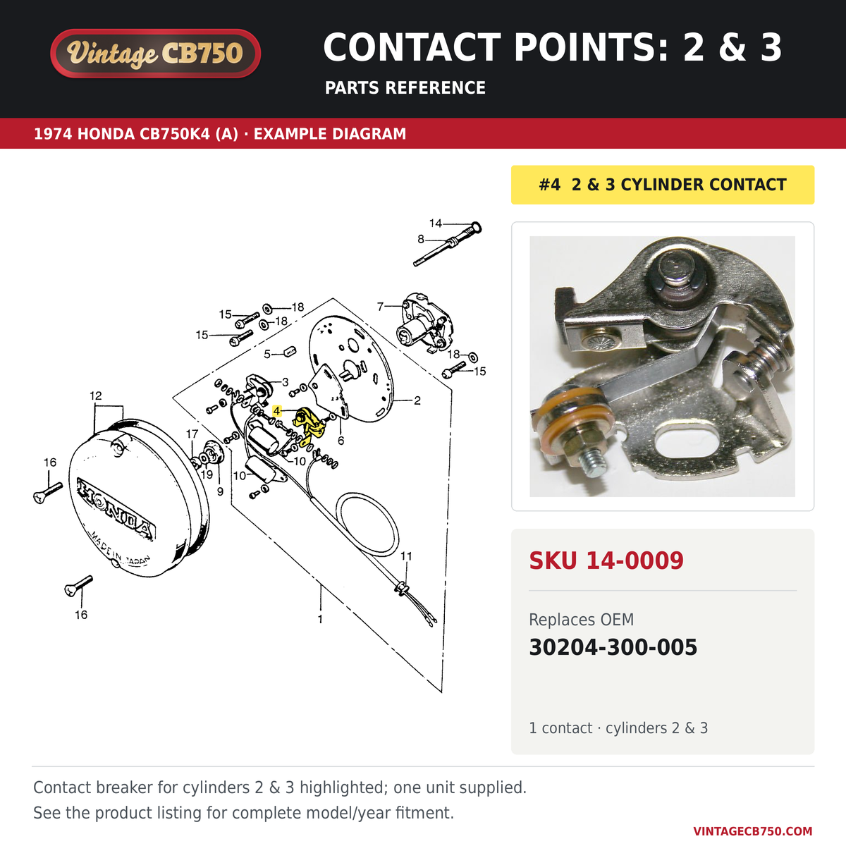Contact points: 2 & 3, SKU 14-0009: product photo and reviewed parts fiche. Example diagram; check listing for fitment.
