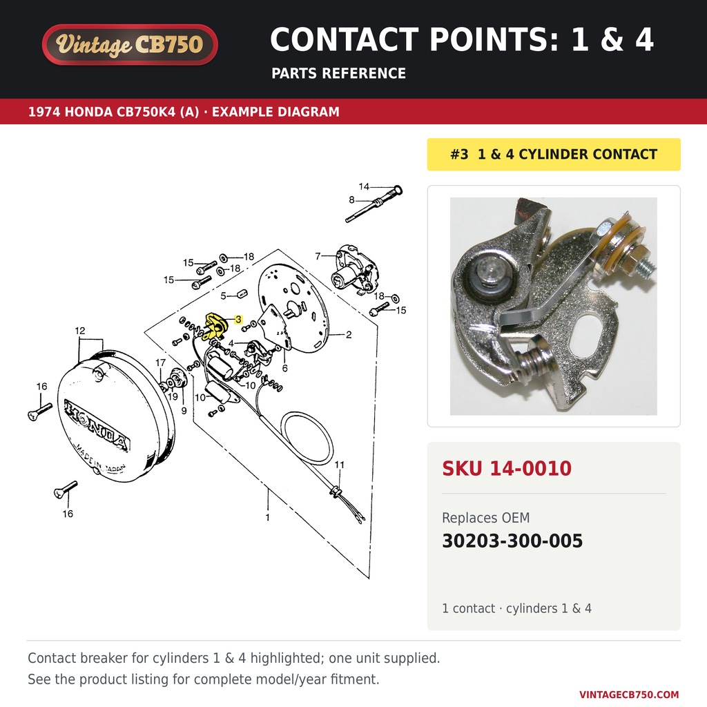 Contact points: 1 & 4, SKU 14-0010: product photo and reviewed parts fiche. Example diagram; check listing for fitment.