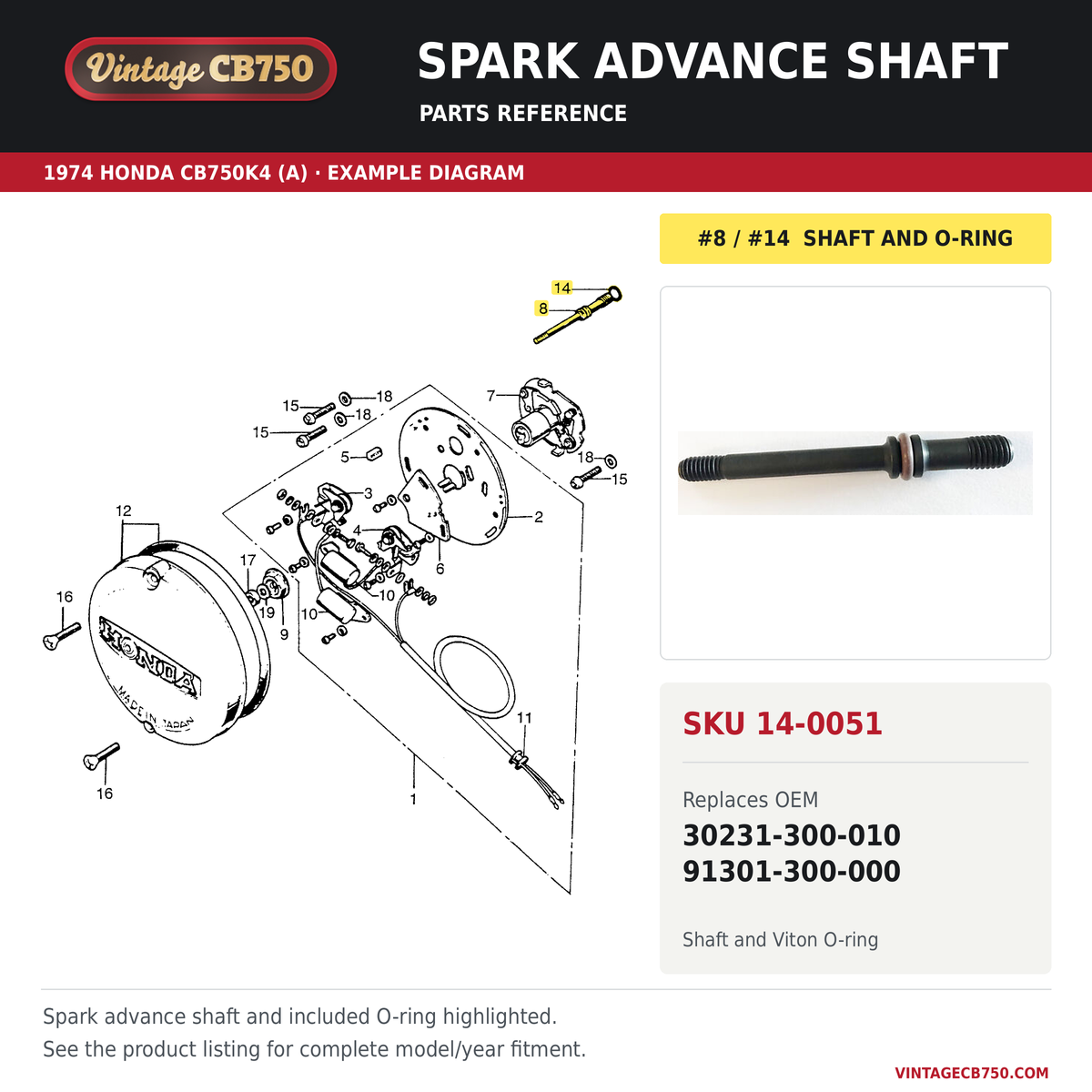 Spark advance shaft, SKU 14-0051: product photo and 1974 Honda CB750K4 (A) Contact breaker / spark advancer fiche with the part location highlighted. Example diagram; check listing for fitment.