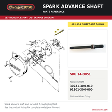 Charger l'image dans la galerie, Spark advance shaft, SKU 14-0051: product photo and 1974 Honda CB750K4 (A) Contact breaker / spark advancer fiche with the part location highlighted. Example diagram; check listing for fitment.