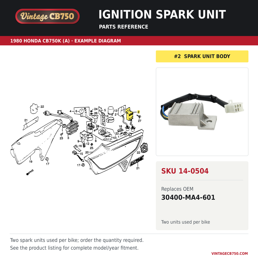 Honda CB Ignition Spark Units ~ Replaces 30400-MA4-601, SKU 14-0504: product photo and reviewed parts fiche. Example diagram; check listing for fitment.
