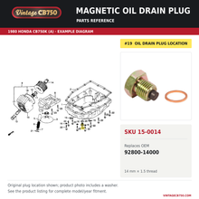 Charger l'image dans la galerie, Magnetic oil drain plug, SKU 15-0014: product photo and 1980 Honda CB750K (A) Oil Filter / Oil Pan fiche with the part location highlighted. Example diagram; check listing for fitment.