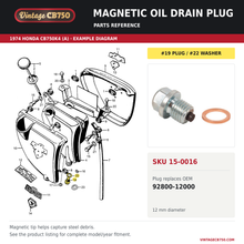 Load image into Gallery viewer, Honda CB Magnetic Oil Drain Plug, SKU 15-0016: product photo and reviewed parts fiche. Example diagram; check listing for fitment.