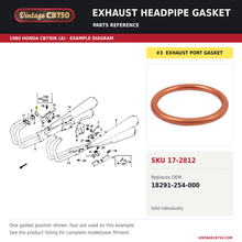 Load image into Gallery viewer, Exhaust headpipe gasket, SKU 17-2812: product photo and 1980 Honda CB750K (A) Muffler fiche with the part location highlighted. Example diagram; check listing for fitment.