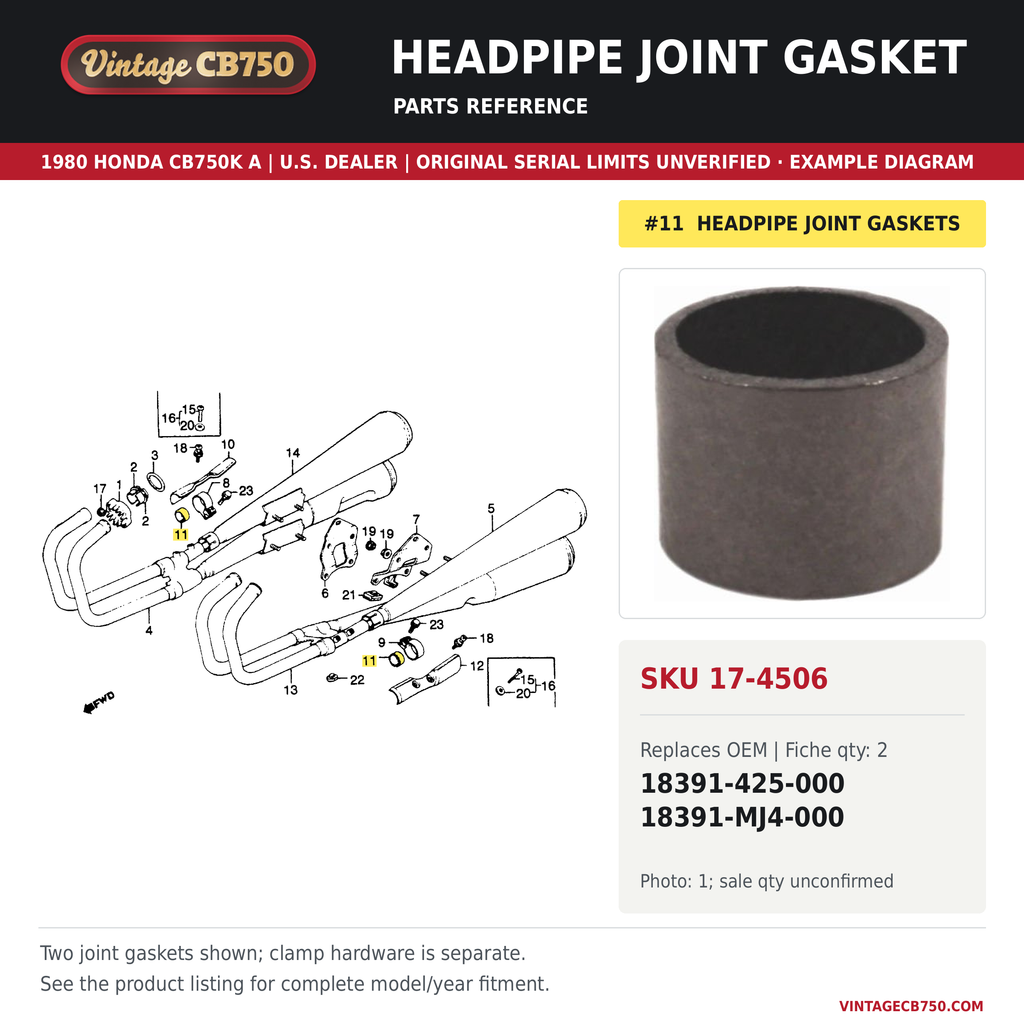 Headpipe joint gasket, SKU 17-4506: product photo and reviewed parts fiche. Example diagram; check listing for fitment.