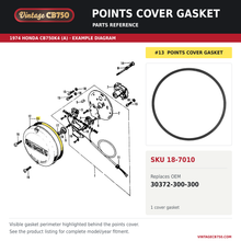 Load image into Gallery viewer, Points cover gasket, SKU 18-7010: product photo and 1974 Honda CB750K4 (A) Contact breaker / spark advancer fiche with the part location highlighted. Example diagram; check listing for fitment.