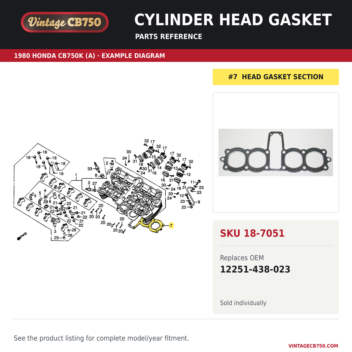 1979-82 Honda CB900 / CB750 Cylinder Head Gasket ~ Replaces Honda OEM 12251-438-023, SKU 18-7051: product photo and reviewed parts fiche. Example diagram; check listing for fitment.