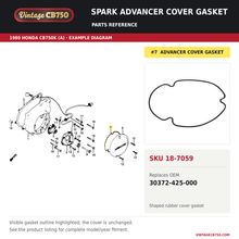 Load image into Gallery viewer, Spark advancer cover gasket, SKU 18-7059: product photo and 1980 Honda CB750K (A) Left Crankcase Cover fiche with the part location highlighted. Example diagram; check listing for fitment.