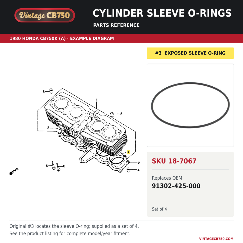 Cylinder sleeve O-rings, SKU 18-7067: product photo and reviewed parts fiche. Example diagram; check listing for fitment.