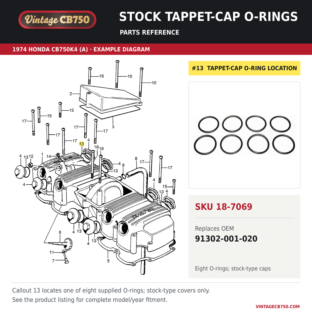 Stock tappet-cap O-rings, SKU 18-7069: product photo and reviewed parts fiche. Example diagram; check listing for fitment.