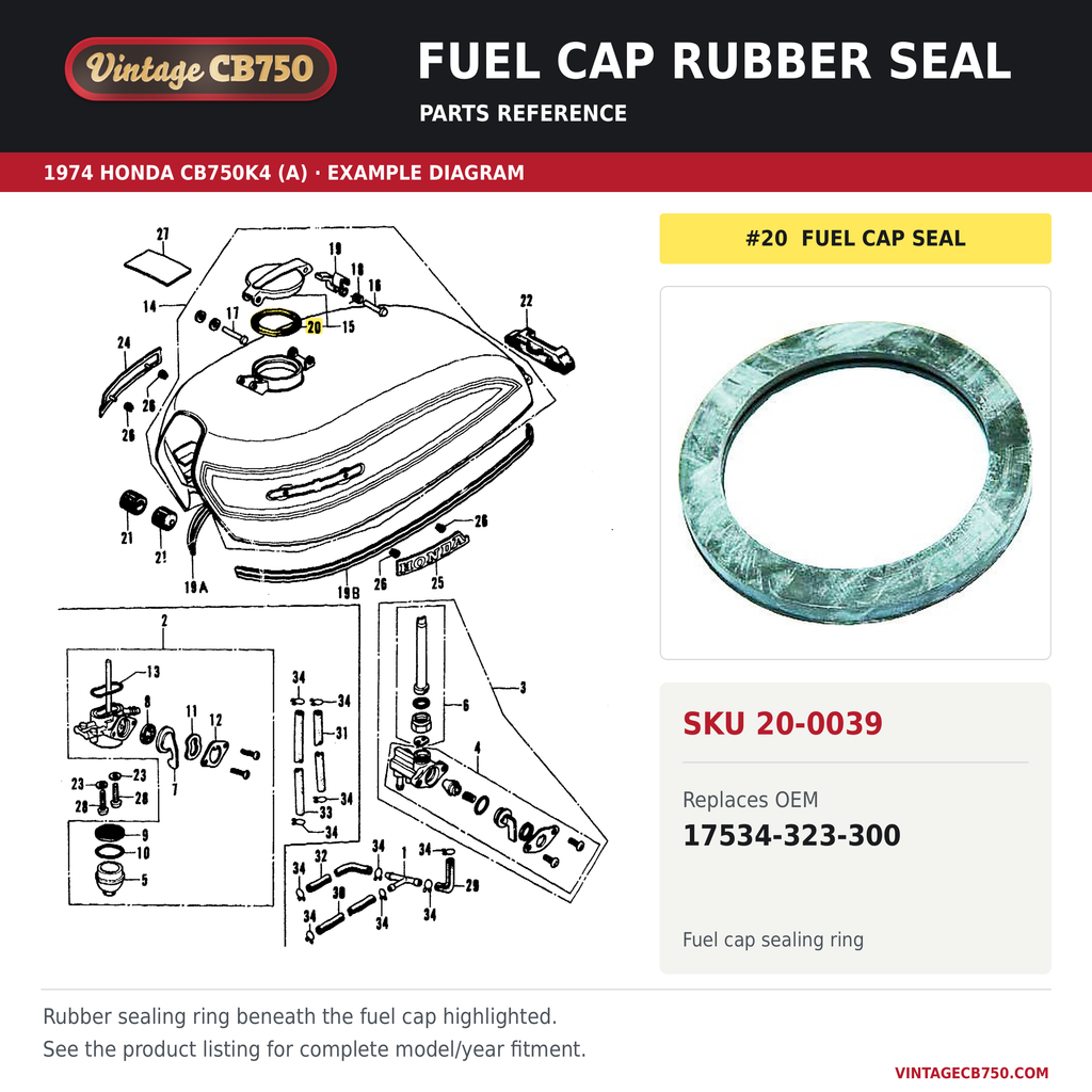 Fuel cap rubber seal, SKU 20-0039: product photo and 1974 Honda CB750K4 (A) Fuel tank / fuel petcock fiche with the part location highlighted. Example diagram; check listing for fitment.