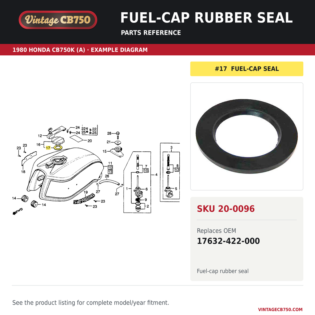 Honda CB750 / CB650 / CB400 Gas Cap Rubber Seal ~ Replaces 17632-422-000, SKU 20-0096: product photo and reviewed parts fiche. Example diagram; check listing for fitment.