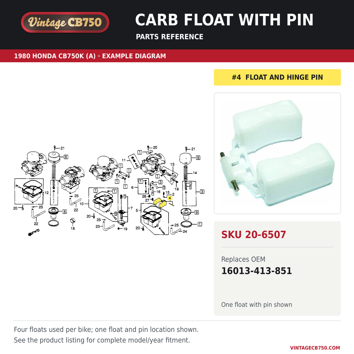 Honda CB Carb Float ~ Replaces 16013-413-851, SKU 20-6507: product photo and reviewed parts fiche. Example diagram; check listing for fitment.