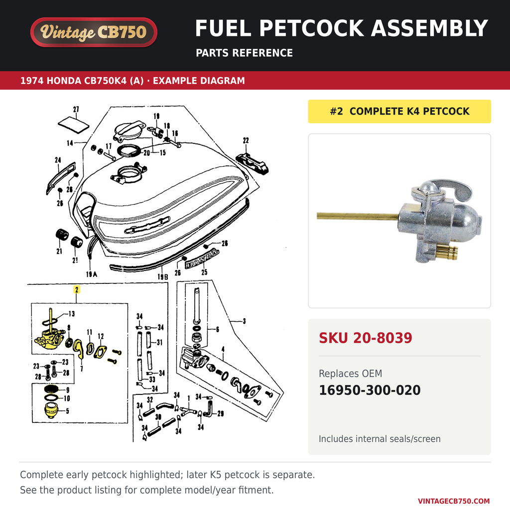 Fuel petcock assembly, SKU 20-8039: product photo and 1974 Honda CB750K4 (A) Fuel tank / fuel petcock fiche with the part location highlighted. Example diagram; check listing for fitment.