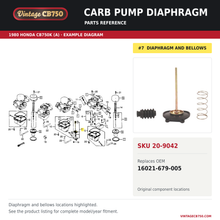 Load image into Gallery viewer, Carb pump diaphragm, SKU 20-9042: product photo and reviewed parts fiche. Example diagram; check listing for fitment.