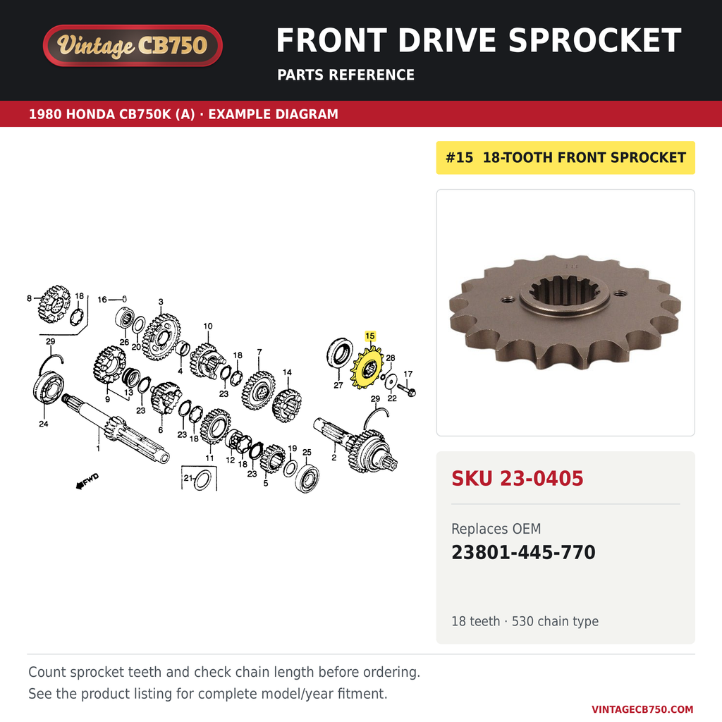 1979-83 Honda CB750 Steel Front Sprocket ~ 18 Tooth X 530 ~ Replaces 23801-445-770, SKU 23-0405: product photo and reviewed parts fiche. Example diagram; check listing for fitment.