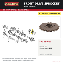 Load image into Gallery viewer, 1979-83 Honda CB750 Steel Front Sprocket ~ 18 Tooth X 530 ~ Replaces 23801-445-770, SKU 23-0405: product photo and reviewed parts fiche. Example diagram; check listing for fitment.