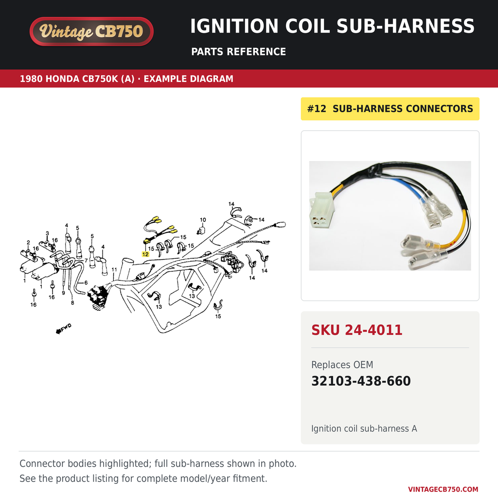 Ignition coil sub-harness, SKU 24-4011: product photo and reviewed parts fiche. Example diagram; check listing for fitment.