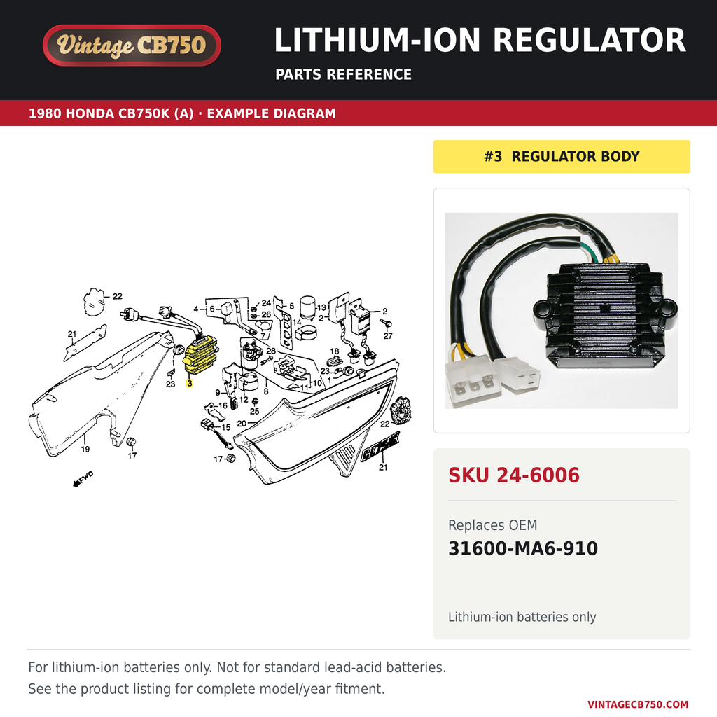 Honda CB1100 / CB1000 / CB900 / CB750 Rectifier/Regulator ~ Lithium Ion Battery Compatible, SKU 24-6006: product photo and reviewed parts fiche. Example diagram; check listing for fitment.