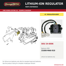 Load image into Gallery viewer, Honda CB1100 / CB1000 / CB900 / CB750 Rectifier/Regulator ~ Lithium Ion Battery Compatible, SKU 24-6006: product photo and reviewed parts fiche. Example diagram; check listing for fitment.