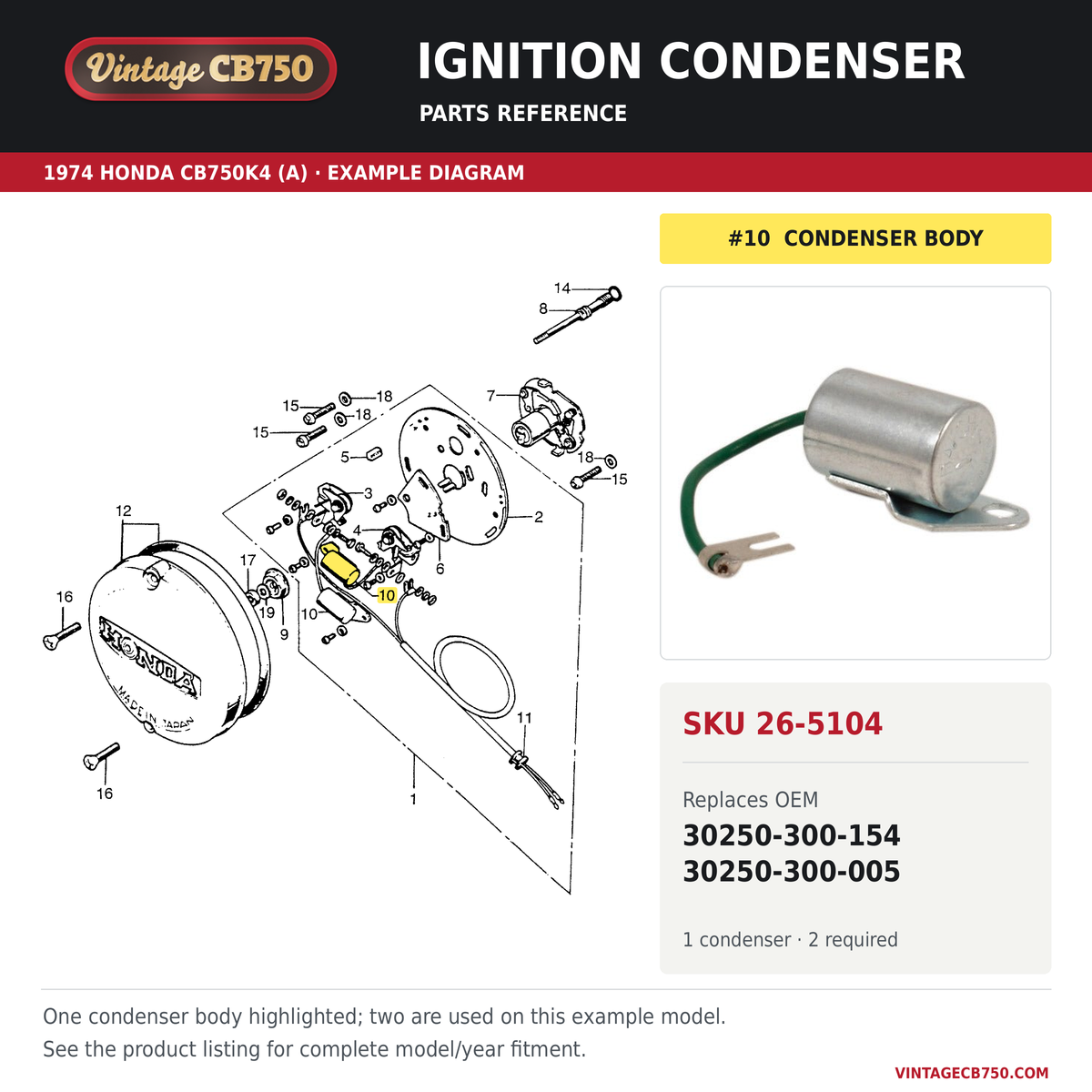 Ignition condenser, SKU 26-5104: product photo and 1974 Honda CB750K4 (A) Contact breaker / spark advancer fiche with the part location highlighted. Example diagram; check listing for fitment.