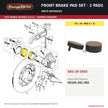 Load image into Gallery viewer, 1969-76 Honda CB750K / CB450K Front Friction Pad Set ~ Replaces 45105-341-305, SKU 29-3503: product photo and reviewed parts fiche. Example diagram; check listing for fitment.