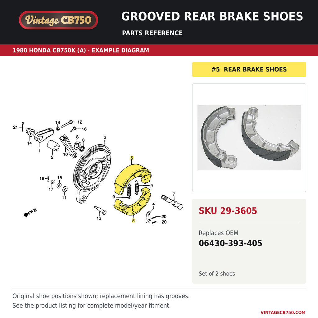 Grooved rear brake shoes, SKU 29-3605: product photo and reviewed parts fiche. Example diagram; check listing for fitment.