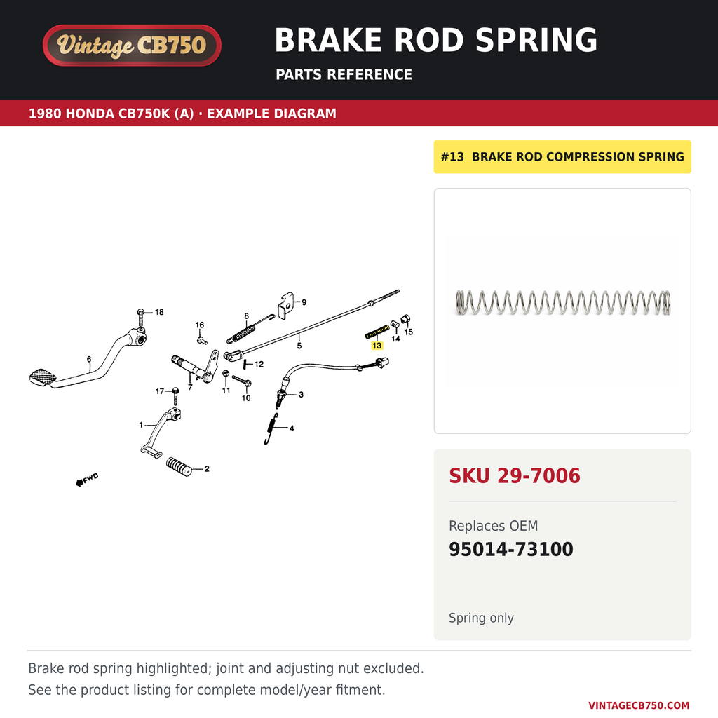 Brake rod spring, SKU 29-7006: product photo and 1980 Honda CB750K (A) Brake Pedal / Change Pedal fiche with the part location highlighted. Example diagram; check listing for fitment.