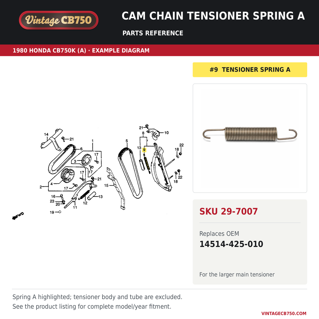 Cam chain tensioner spring A, SKU 29-7007: product photo and 1980 Honda CB750K (A) Cam Chain / Tensioner fiche with the part location highlighted. Example diagram; check listing for fitment.