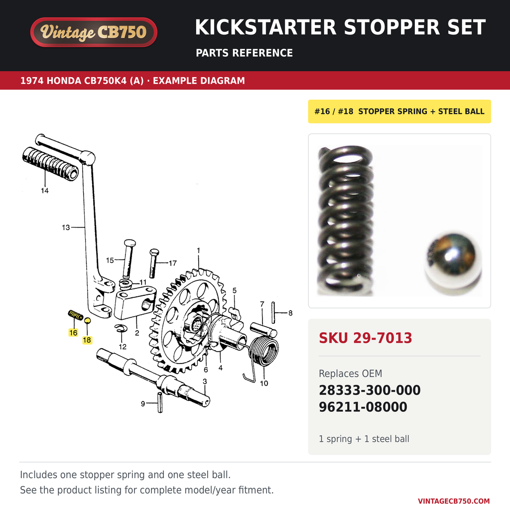 Honda CB Kick Starter Stopper Spring with Steel Ball ~ Replaces 28333-300-000, SKU 29-7013: product photo and reviewed parts fiche. Example diagram; check listing for fitment.