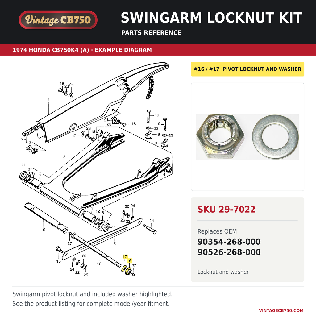 Swingarm locknut kit, SKU 29-7022: product photo and reviewed parts fiche. Example diagram; check listing for fitment.