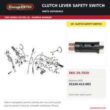 Charger l'image dans la galerie, Clutch lever safety switch, SKU 29-7029: product photo and 1980 Honda CB750K (A) Handle Lever / Cable / Mirror fiche with the part location highlighted. Example diagram; check listing for fitment.